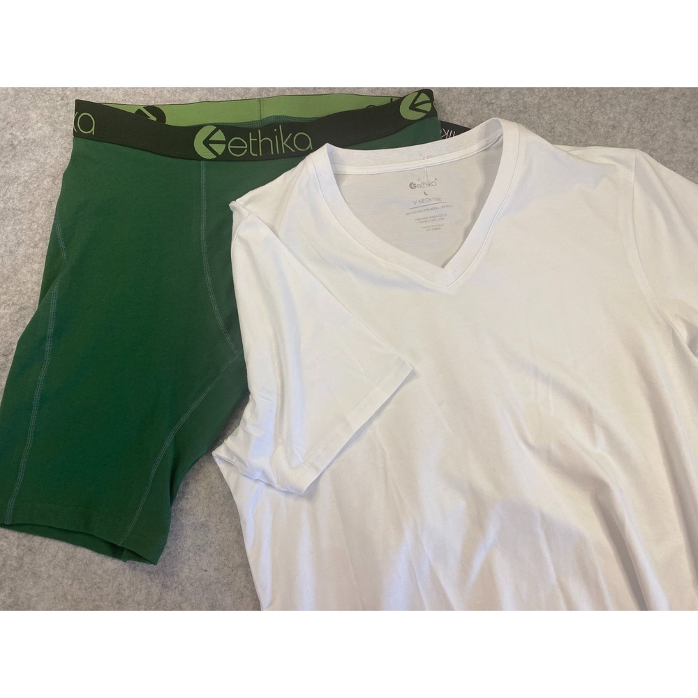 Ethika Mens White V-Neck Tee and Green Boxer Briefs Set Large **NWT